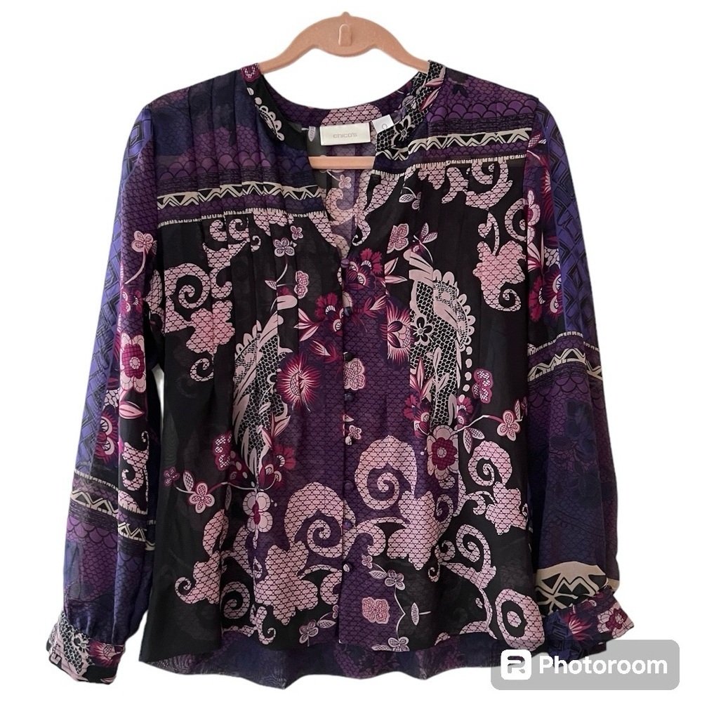 Chico’s Mixed Floral Pleated Chiffon Blouse Size 0